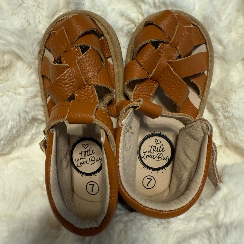 Little Love Bug Brown Leather Sandals with Adjustable Straps